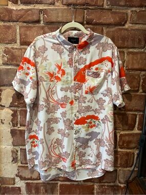 ROLLA'S White Short-Sleeve Button-Up with Orange & Taupe Floral Koi Print